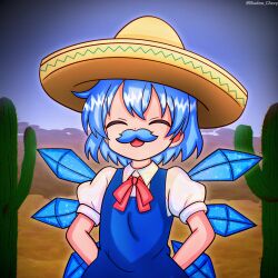  1girl absurdres blue_dress blue_hair bow bowtie cactus cirno closed_eyes commentary day desert dress english_commentary fake_facial_hair fake_mustache hat highres ice ice_wings open_mouth outdoors puffy_short_sleeves puffy_sleeves red_bow red_bowtie shadow_chevy shirt short_hair short_sleeves solo sombrero touhou upper_body vignetting white_shirt wings 