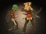  2girls archer_(fft) armor arrow blonde_hair boots bow_(weapon) emerada_(xenogears) final_fantasy final_fantasy_tactics gloves long_hair maria_balthasar multiple_girls thigh-highs thigh_boots weapon xabunta xenogears 