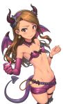  1girl belt bikini_top blush brown_hair demon_tail detached_collar devil_horns earrings elbow_gloves gloves hairband highres horns idolmaster jewelry long_hair looking_at_viewer minase_iori navel odibil purple_gloves red_eyes shorts single_shoe solo star star_earrings tail thigh_strap wings 