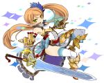  1girl armor armored_boots boots floating_hair full_body gauntlets gold_armor green_eyes light_brown_hair long_hair mota open_mouth side_ponytail sleeveless solo sword thigh-highs very_long_hair weapon 