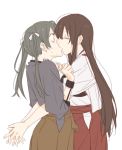  ahn akagi_(kantai_collection) brown_hair grey_hair hakama_skirt japanese_clothes kantai_collection kiss long_hair muneate straight_hair tasuki twintails yuri zuikaku_(kantai_collection) 