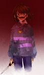  :d androgynous blood blood_on_face bloody_clothes brown_eyes brown_hair collared_shirt crazy_eyes crazy_laugh dark_persona denim dirty_clothes frisk_(undertale) gradient gradient_background heart heart_necklace highres knife koyashaka59 open_mouth shirt smile solo striped striped_sweater sweater tagme torn_clothes undertale upper_body 