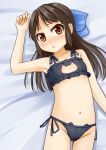  1girl arm_up armpits black_bra black_panties bow bra brown_eyes brown_hair cat_keyhole_bra cat_lingerie flat_chest highres idolmaster idolmaster_cinderella_girls kamisaka long_hair lying navel on_back open_mouth panties ribbon side-tie_panties solo tachibana_arisu underwear 