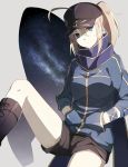  1girl ahoge armlet blonde_hair blue_eyes blue_jacket boots brown_boots brown_shorts cross-laced_footwear expressionless fate/grand_order fate_(series) fumio_(kanmi) grey_background hair_between_eyes hands_in_pockets heroine_x highres jacket knee_boots long_sleeves looking_at_viewer night night_sky pink_pupils ponytail purple_scarf scarf shoelaces short_hair shorts simple_background sky solo star_(sky) starry_sky track_jacket 