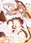  1girl anchira_(granblue_fantasy) arm_up armpits barefoot blonde_hair blush breasts chestnut_mouth detached_pants detached_sleeves feet granblue_fantasy highleg looking_at_viewer monkey_ears monkey_tail open_mouth red_eyes short_hair sideboob small_breasts solo staff toes yuu_(amadoki) 