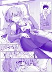  /\/\/\ animal animal_on_chest bed comic covering_mouth fate/grand_order fate_(series) four_(fate/grand_order) glasses hair_over_one_eye hand_over_own_mouth looking_away lying male_protagonist_(fate/grand_order) monochrome on_back pantyhose pillow shielder_(fate/grand_order) short_hair silent_comic smile syatey 