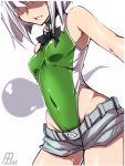  1girl bare_shoulders bow bowtie competition_swimsuit covered_navel covered_nipples cowboy_shot detached_collar faceless faceless_female green_swimsuit highleg highleg_swimsuit konpaku_youmu konpaku_youmu_(ghost) one-piece_swimsuit short_hair short_shorts shorts simple_background smirk solo standing swimsuit tajima_yuuki touhou white_background white_hair 