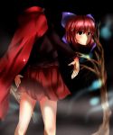  1girl bare_tree bow cape commentary_request disembodied_head fog hair_bow highres miao_zhao_sudachi red_eyes redhead sekibanki skirt solo sparkle touhou tree 