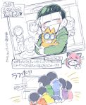  1girl 6+boys bowl_cut brothers chiyo_(shuten_dj) closed_eyes esper_nyanko hashimoto_nyaa heart heart_in_mouth hug male_focus matsuno_choromatsu matsuno_ichimatsu matsuno_juushimatsu matsuno_karamatsu matsuno_osomatsu matsuno_todomatsu multiple_boys osomatsu-kun osomatsu-san photo_(object) sextuplets siblings smile television triangle_mouth watching_television 