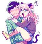  1boy 1girl animal_ears black_hair blazer blush boots cat_ears cat_tail clinging green_eyes hashimoto_nyaa heart heart_in_mouth highres looking_away matsuno_choromatsu multicolored_hair osomatsu-kun osomatsu-san pink_hair plaid plaid_shirt school_uniform shakata_(syakatan) shirt streaked_hair tail thigh-highs thigh_boots 