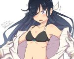  1girl black_bra black_hair blush bow bow_bra bra commentary_request dated hair_over_one_eye hair_ribbon hayashimo_(kantai_collection) kantai_collection long_hair navel open_clothes open_mouth open_shirt ribbon ru2n131 shirt simple_background small_breasts solo_focus twitter_username underwear very_long_hair violet_eyes white_background white_ribbon 