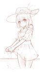  1girl alternate_costume alternate_headwear commentary_request dress flower fuente hat hat_flower highres looking_at_viewer monochrome smile solo standing touhou usami_renko wet wringing_clothes 