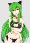  1girl animal_ears bare_shoulders bell black_bra black_panties blush bra breasts c.c. cat_cutout cat_ear_panties cat_ears cat_keyhole_bra cat_lingerie choker cleavage cleavage_cutout code_geass commentary_request green_hair hair_in_mouth highres jingle_bell long_hair looking_at_viewer max_melon_teitoku mouth_hold navel panties side-tie_panties solo underwear underwear_only yellow_eyes 
