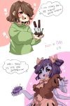  1girl :d androgynous black_sclera blush_stickers brown_eyes brown_hair chara_(undertale) cupcake doughnut extra_eyes fangs flower_(symbol) food hair_ribbon heart highres holding_food insect_girl knife korean koyashaka59 muffet multiple_arms needle open_mouth poison puffy_short_sleeves puffy_sleeves purple_hair purple_skin ribbon shirt short_sleeves short_twintails smile spider_girl spoilers spoken_heart striped striped_shirt tagme translation_request twintails undertale upper_body what_if white_eyes 