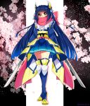  1girl artist_name blue_hair blue_legwear blue_skirt cherry_blossoms covered_mouth dual_wielding female flower greninja japanese_clothes long_hair looking_at_viewer momosiro ninja personification pink_scarf pokemon scarf skirt solo star star-shaped_pupils sword symbol-shaped_pupils tagme weapon 