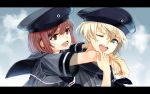  2girls auburn_hair blonde_hair blue_eyes blue_sky brown_eyes clouds commentary_request fingernails hat highres hug hug_from_behind kantai_collection letterboxed military military_hat military_uniform multiple_girls one_eye_closed open_mouth peaked_cap ruisento sailor_collar sailor_hat short_hair short_sleeves sky smile teeth uniform upper_body z1_leberecht_maass_(kantai_collection) z3_max_schultz_(kantai_collection) 