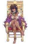  1girl barefoot between_breasts black_hair breasts chair character_request crossed_legs dark_skin egyptian gold highres himeou_to_saigo_no_kishidan holding knife large_breasts long_hair official_art pink_eyes shoe-ji simple_background smile solo white_background 