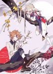  2boys ^_^ boots branch brown_hair closed_eyes cross-laced_footwear eyes_visible_through_hair flower gotou_toushirou grin hair_over_one_eye ima-no-tsurugi in_tree japanese_clothes lace-up_boots male_focus multicolored_hair multiple_boys official_art open_mouth red_eyes shikimi_(yurakuru) smile streaked_hair touken_ranbu tree white_hair 