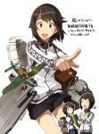  3girls :d aircraft airplane black_hair black_skirt blue_skirt blush box brown_eyes brown_hair carrying closed_eyes drum_(container) fairy_(kantai_collection) flower hayasui_(kantai_collection) headband jacket kantai_collection long_hair long_ponytail long_sleeves machinery minigirl miyuki_(kantai_collection) multiple_girls open_mouth pleated_skirt pointing_finger ponytail sailor_collar sakura_(medilore) school_uniform serafuku short_hair short_sleeves simple_background skirt smile smokestack track_jacket translation_request turret turtleneck twitter_username uniform white_background wind zipper |_| 