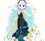 1girl 2016 black_eyes blue_flower braid dress eir florges flower hair_ornament hairband jewelry looking_at_viewer open_mouth personification pokemon ring standing strapless strapless_dress white_hair 