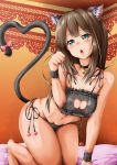  1girl :o all_fours alternate_costume animal_ears aqua_eyes bangs barefoot bell bell_choker black_panties blush bow brown_hair cat_cutout cat_ear_panties cat_ears cat_keyhole_bra cat_lingerie cat_tail choker cleavage_cutout frills heart heart_tail highres idolmaster idolmaster_cinderella_girls jewelry jingle_bell kuria_(clear_trip_second) long_hair looking_at_viewer navel navel_piercing on_bed panties paw_pose piercing shibuya_rin side-tie_panties solo stomach tail tail_bow underwear underwear_only wrist_cuffs 