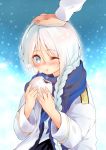  1girl admiral_(kantai_collection) blue_eyes blush braid eating highres kantai_collection long_hair obiwan one_eye_closed petting scarf silver_hair solo_focus umikaze_(kantai_collection) 