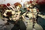  2boys armband belt blood blood_splatter blue_cape blue_eyes brown_hair clenched_teeth feathers fighting hokuto_no_ken kenshirou long_hair male_focus manly misaka_(missa) multiple_boys muscle open_mouth red_eyes scar shin_(hokuto_no_ken) short_hair shoulder_pads smile teeth torn_clothes 