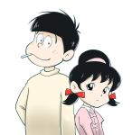  1boy 1girl black_hair brother_and_sister cigarette freckles hair_ribbon hairband hand_on_hip height_difference messy_hair osomatsu-kun ribbon rocomasu siblings simple_background smile totoko&#039;s_brother turtleneck upper_body white_background yowai_totoko 