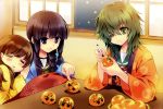  3girls :3 :d =_= absurdres black_eyes black_hair braid brown_hair carnelian chestnut_mouth drawing eyepatch food fruit green_eyes green_hair highres holding huge_filesize kantai_collection kiso_(kantai_collection) kitakami_(kantai_collection) kotatsu kuma_(kantai_collection) long_hair mandarin_orange marker multiple_girls objectification ooi_(kantai_collection) open_mouth parted_lips school_uniform serafuku single_braid smile table tama_(kantai_collection) 
