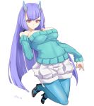  1girl ajino_(sakanahen) bangs bare_shoulders black_legwear blue_legwear breasts copyright_request eyelashes full_body high_heels horns large_breasts long_hair long_sleeves looking_at_viewer off-shoulder_sweater pantyhose purple_hair red_eyes shorts solo sweater twitter_username very_long_hair white_background white_shorts 