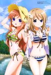  2girls absurdres aoyama_blue_mountain bikini blue_eyes breasts brown_hair cleavage clouds gochuumon_wa_usagi_desu_ka? hat highres hoto_mocha legs long_hair megami multiple_girls official_art outdoors side-tiei_bikini sky smile swimsuit violet_eyes water 