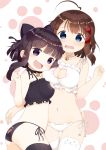  2girls ahoge ass bell bell_choker black_bra black_hair black_panties blue_eyes blush bow bra breasts brown_hair cat_cutout cat_ear_panties cat_keyhole_bra cat_lingerie choker cleavage cleavage_cutout hair_bow hair_ornament hair_ribbon hairclip highres jingle_bell large_breasts looking_at_viewer muku_(muku-coffee) multiple_girls navel open_mouth original panties ribbon short_hair side-tie_panties smile tears underwear underwear_only violet_eyes white_bra white_panties 