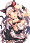  1girl animal_ears breasts cat_ears cat_tail cleavage commentary_request fake_animal_ears hairband highres idolmaster long_hair maid narumi_arata paw_pose revision shijou_takane silver_hair solo tail thigh-highs violet_eyes 