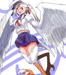  1girl breasts feathered_wings harpy highres long_hair looking_at_viewer midriff monster_girl neckerchief open_mouth original pleated_skirt pointy_ears school_uniform serafuku side_ponytail skirt smile solo talons tk2k_jade white_hair wings yellow_eyes 