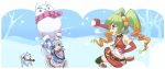  2girls animal_ears blue_eyes blue_hair dog dog_ears dog_tail elbow_gloves gloves gradient_hair kawagoe_pochi koyomi_(shironeko_project) midriff mikan_karatachi mittens multicolored_hair multiple_girls navel orange_eyes shironeko_project snowman tail thigh-highs 