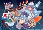  6+girls blue_bow bow broom broom_riding chocolate_banana corn food frilled_sleeves frills hair_ribbon hairband hakurei_reimu kirisame_marisa konpaku_youmu konpaku_youmu_(ghost) lantern multiple_girls night patchouli_knowledge red_ribbon ribbon saigyouji_yuyuko torii touhou tress_ribbon tsurugi_yasuyuki wide_sleeves yakumo_yukari 