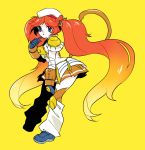  1girl blue_eyes blue_gloves blue_shoes gloves gradient_hair hat highres infernape long_hair looking_at_viewer momosiro multicolored_hair open_mouth personification pokemon redhead shoes solo standing tail twintails yellow_background 