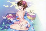  1girl absurdres ass bikini book bottle breast_grab brown_eyes brown_hair carnelian flower hair_flower hair_ornament hat highres holding huge_filesize kaga_(kantai_collection) kantai_collection looking_at_viewer picnic_basket revision seiza side_ponytail sitting solo straw_hat swimsuit white_bikini white_swimsuit 