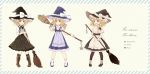  1girl 3girls alternate_costume alternate_hair_length alternate_hairstyle apron blonde_hair boots braid broom capelet cross-laced_footwear frame full_body hat hat_ribbon kirisame_marisa knee_boots multiple_girls ribbon side_braid simple_background siva socks star touhou waist_apron white_ribbon witch witch_hat 