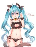  1848066491 1girl animal_ears aqua_hair bell bell_collar blue_eyes cat_cutout cat_ears cat_keyhole_bra cat_lingerie cat_tail collar cowboy_shot hatsune_miku highres jingle_bell long_hair navel open_mouth paw_pose simple_background solo tail twintails very_long_hair vocaloid white_background 