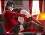  1girl black_hair black_legwear blue_eyes book couch curtains fate/stay_night fate_(series) hair_ribbon lamp long_hair long_sleeves looking_at_viewer ribbon shirt siraha sitting skirt solo thigh-highs thighhighs_pull thighs toosaka_rin two_side_up window 