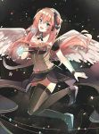  1girl angel_wings blue_eyes headphones linch long_hair megurine_luka open_mouth pink_hair solo thigh-highs vocaloid wings 