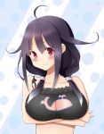 1girl ahoge bra breasts cat_keyhole_bra cat_lingerie cleavage_cutout hair_flaps hair_ornament highres kantai_collection large_breasts lingerie looking_at_viewer low_twintails parody purple_hair red_eyes solo taigei_(kantai_collection) twintails underwear underwear_only whale whale_keyhole_bra zubi_(skylinezb) 