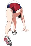  1girl arm_support ass bent_over black_hair from_behind full_body gym_shorts gym_uniform highres long_hair matsunaga_kouyou original polka_dot polka_dot_shorts shoes simple_background sneakers solo track_and_field white_background 
