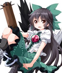  1girl arm_cannon black_hair black_wings blush bow brown_eyes cape green_bow hair_between_eyes hair_bow long_hair mismatched_footwear open_mouth puffy_short_sleeves puffy_sleeves reiuji_utsuho ruu_(tksymkw) short_sleeves simple_background skirt smile solo third_eye touhou weapon white_background wings 