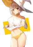  1girl artist_name blush bow breasts choker hat looking_at_viewer original panties shirt_lift short_hair silver_hair simple_background solo sorolp underwear violet_eyes white_background witch_hat yellow_panties 