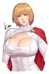  1girl blonde_hair blue_eyes breasts cape cleavage cleavage_cutout dc_comics highres huge_breasts lips looking_at_viewer power_girl short_hair signature simple_background solo takasugi_kou white_background 