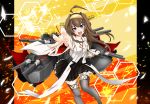  1girl :d absurdres ahoge blue_eyes brown_hair detached_sleeves double_bun hairband highres i&#039;m_egoist_nez kantai_collection kongou_(kantai_collection) long_hair looking_at_viewer machinery nontraditional_miko open_mouth pleated_skirt remodel_(kantai_collection) skirt smile solo thigh-highs turret zettai_ryouiki 