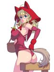  1girl ahoge ass basket blonde_hair blue_eyes blush breasts dagger elbow_gloves glasses gloves hood large_breasts little_red_riding_hood little_red_riding_hood_(grimm) looking_at_viewer masao original red_gloves rimless_glasses simple_background solo tail weapon white_background wolf_tail 