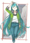  1girl ;o alternate_hairstyle antenna_hair arm_up baseball_cap blue_eyes blue_hair denim english fingernails green_sweater hand_in_hair hand_in_pocket hat hatsune_miku highres jeans long_hair looking_up mirai_delivery miyama_fugin one_eye_closed open_mouth pants shirt solo_focus standing sweater very_long_hair vocaloid walking white_shirt 